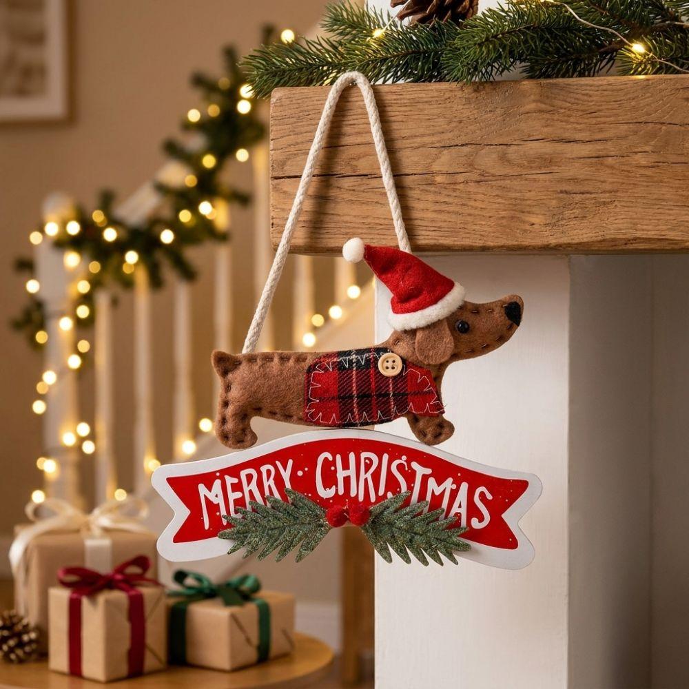 Pine Berry Xmas Bird Hanging Ornament Dachshund Merry Christmas Door Sign Christmas Home Decor