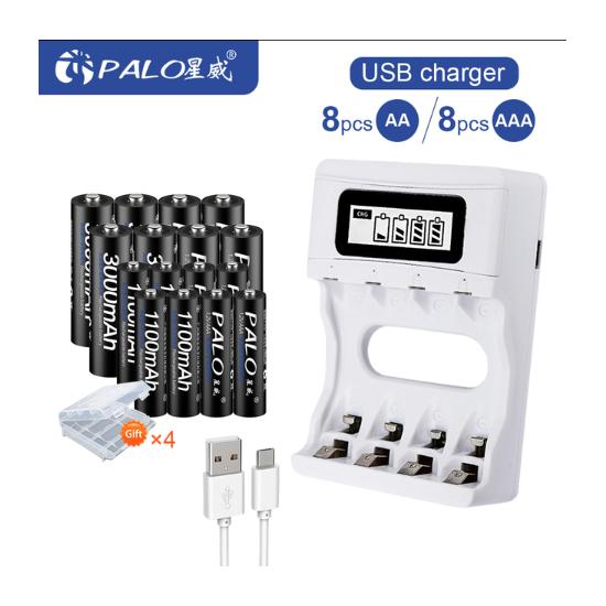 PALO Зарядное устройство USB с ЖК-дисплеем для NiCd NiMh аккумуляторов AA AAA с батареями AA 3000 мАч + батарейками AAA1100 мАч