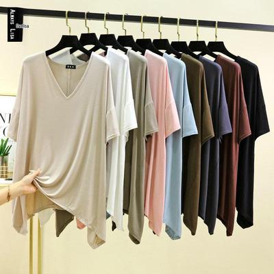 Футболка из модала свободного кроя с V-образным вырезом и рукавами-пятью точками - летняя, легкая, однотонная, топ больших размеров