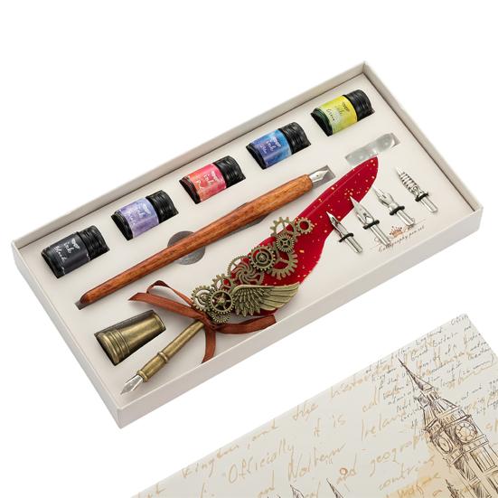 1 Set Useful Gear Decoration Exquisite Fadeless Comfortable Grip Feather Pen Kit for Office Quill