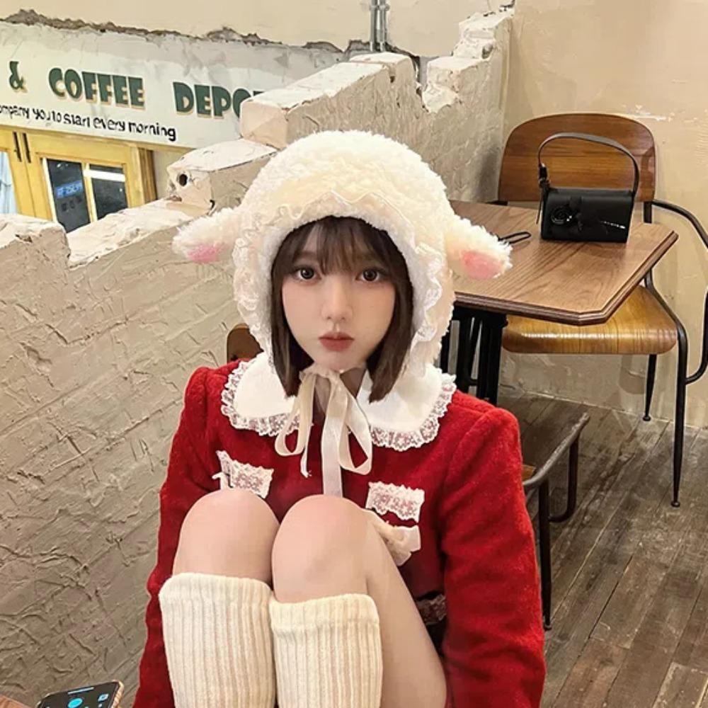 Ремни Шапка плюшевая с овечьими ушками в японском стиле Лолита кружевная шляпа шляпа-котелок шапки из овечьей шерсти для улицы