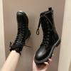 Зимние модные женские ботинки на шнуровке, женские ботинки из телячьей кожи с круглым носком, черные, на среднем каблуке, квадратный каблук, женская обувь из искусственной кожи