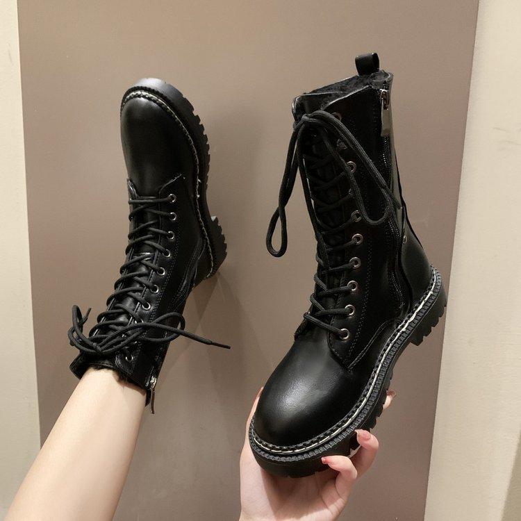 Зимние модные женские ботинки на шнуровке, женские ботинки из телячьей кожи с круглым носком, черные, на среднем каблуке, квадратный каблук, женская обувь из искусственной кожи
