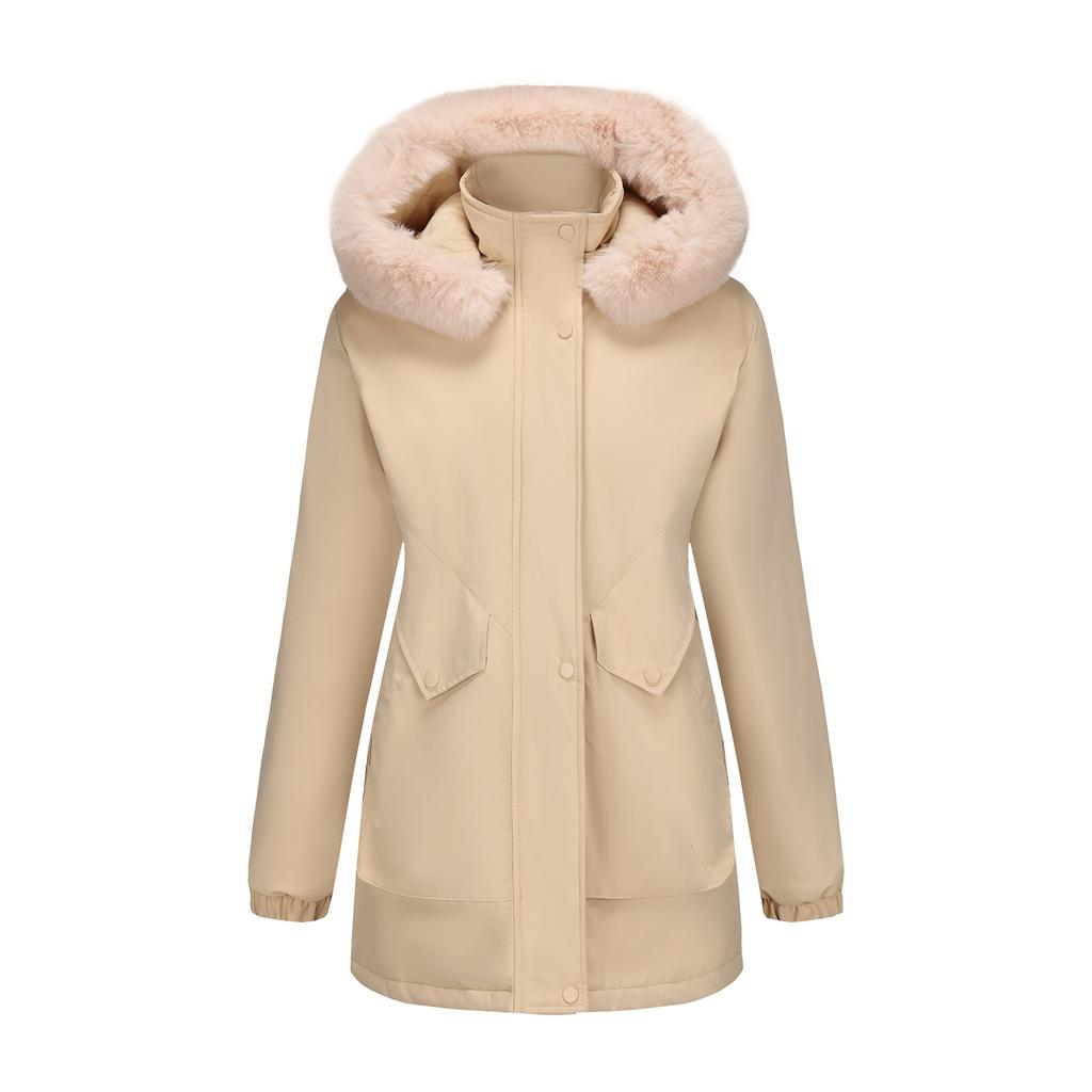 European and American-style Long Winter Parka for Women, with Fleece Lining and Large Fur Collar
