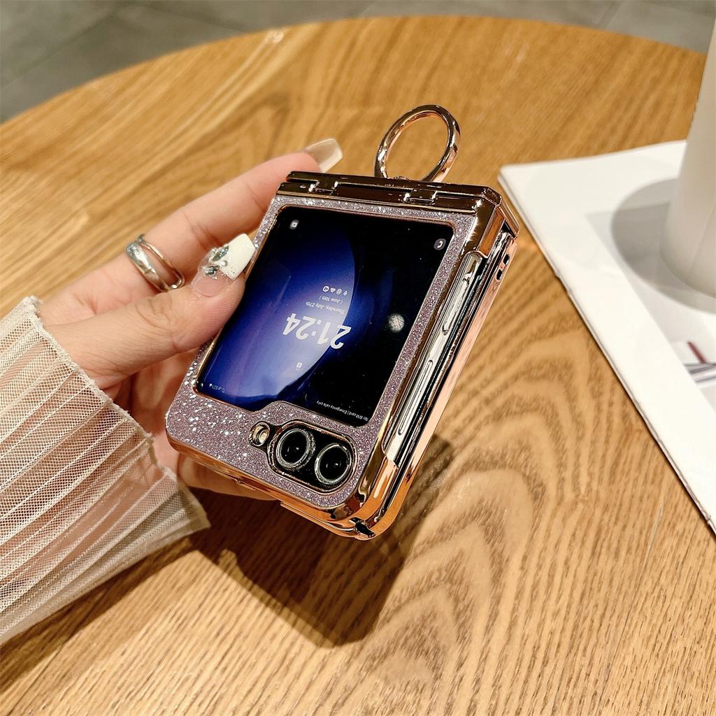 Для Samsung Galaxy Z Flip5 5G Твердый ПК чехол для телефона с блестками и кольцом-подставкой