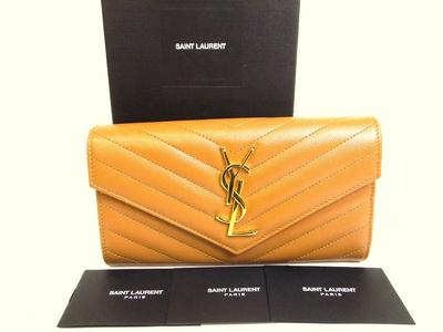 Оригинальный длинный кошелек с золотым мотивом YSL из коричневой кожи с клапаном #a184 Открытая коробка