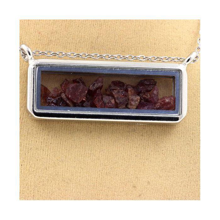 Stones and Minerals. Raw Rhodolite Garnet Necklace. Rectangle Model.