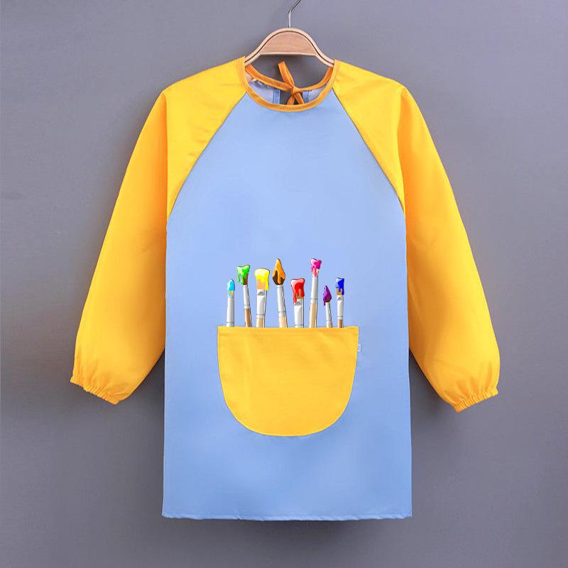 Kid's Waterproof Long-sleeved Reversible Painting Smock with Kindergarten Print - Protecting Clothes for Messy Activities.