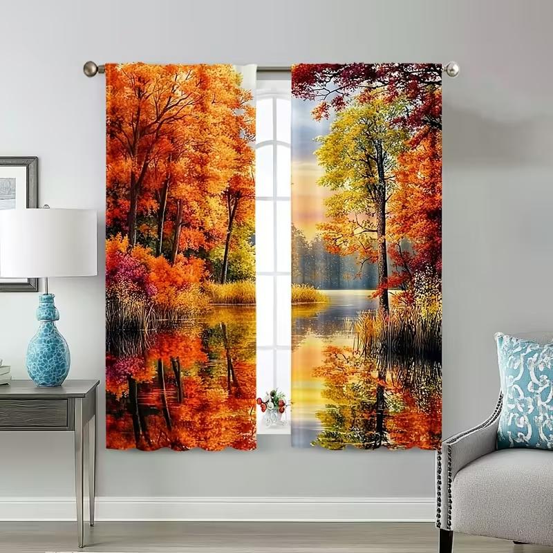 2 шт. Шторы с принтом осеннего пейзажа, подходят для декора спальни, гостиной, кухни, декора дома, декора окна