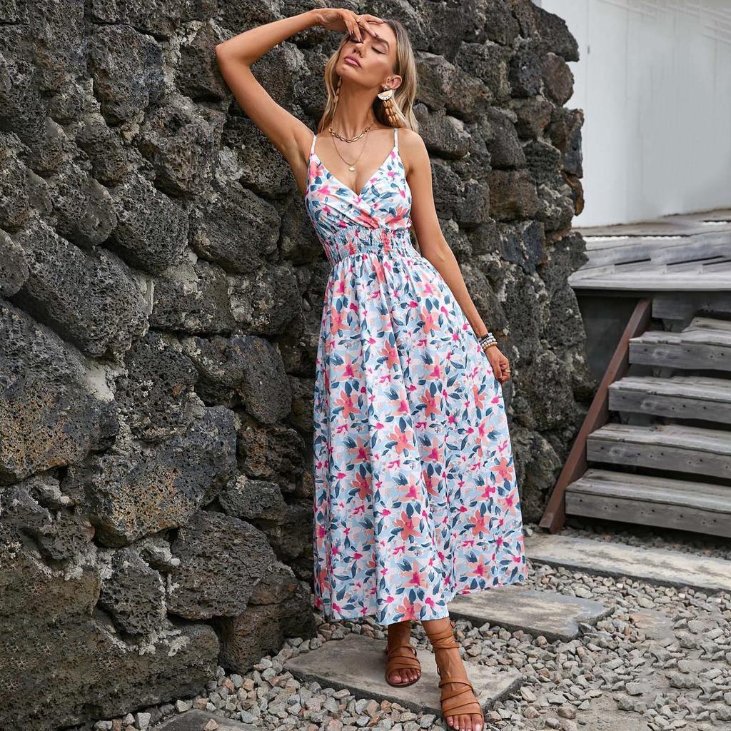 Женское летнее платье без рукавов с этническим принтом и высокой талией на шнуровке