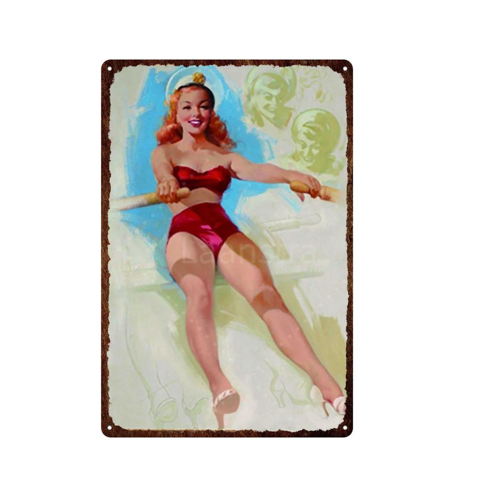 Жестяная картина Элегантная девушка пин-ап Ретро постеры Жестяная табличка Металлическая табличка Декор Стена Женский портрет Бар Паб Клуб Мужская пещера Картинки