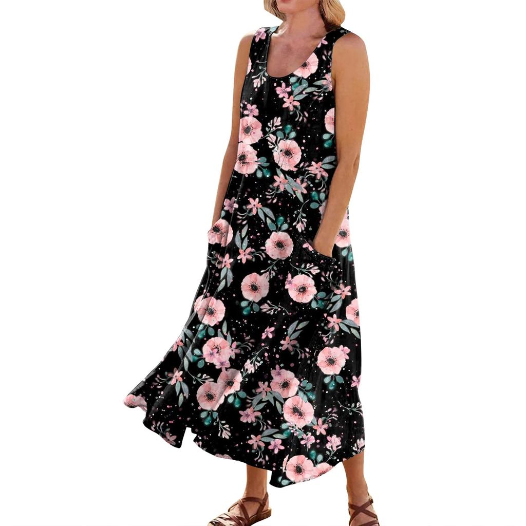 Женское повседневное удобное хлопковое карманное платье без рукавов с цветочным принтом