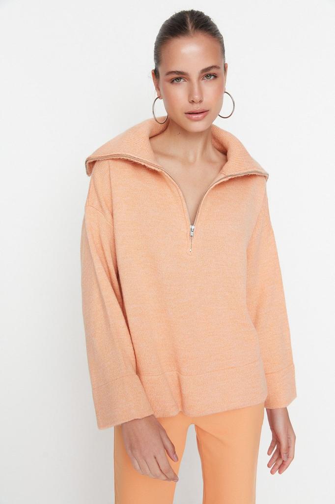 Women's Fashionable Stylish Sweater Stone Wide Fit Soft Textured Zippered Knitwear Sweater