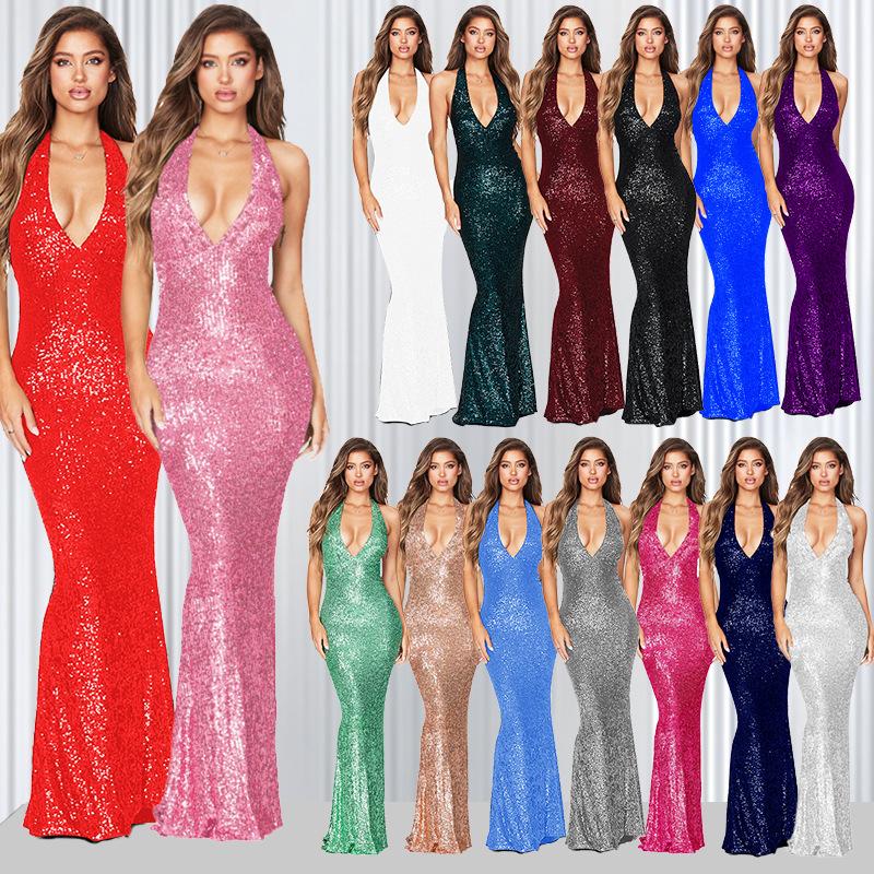 Женское платье Haute Couture с глубоким V-образным вырезом и бретелью через шею Длинное платье-рыбий хвост с пайетками