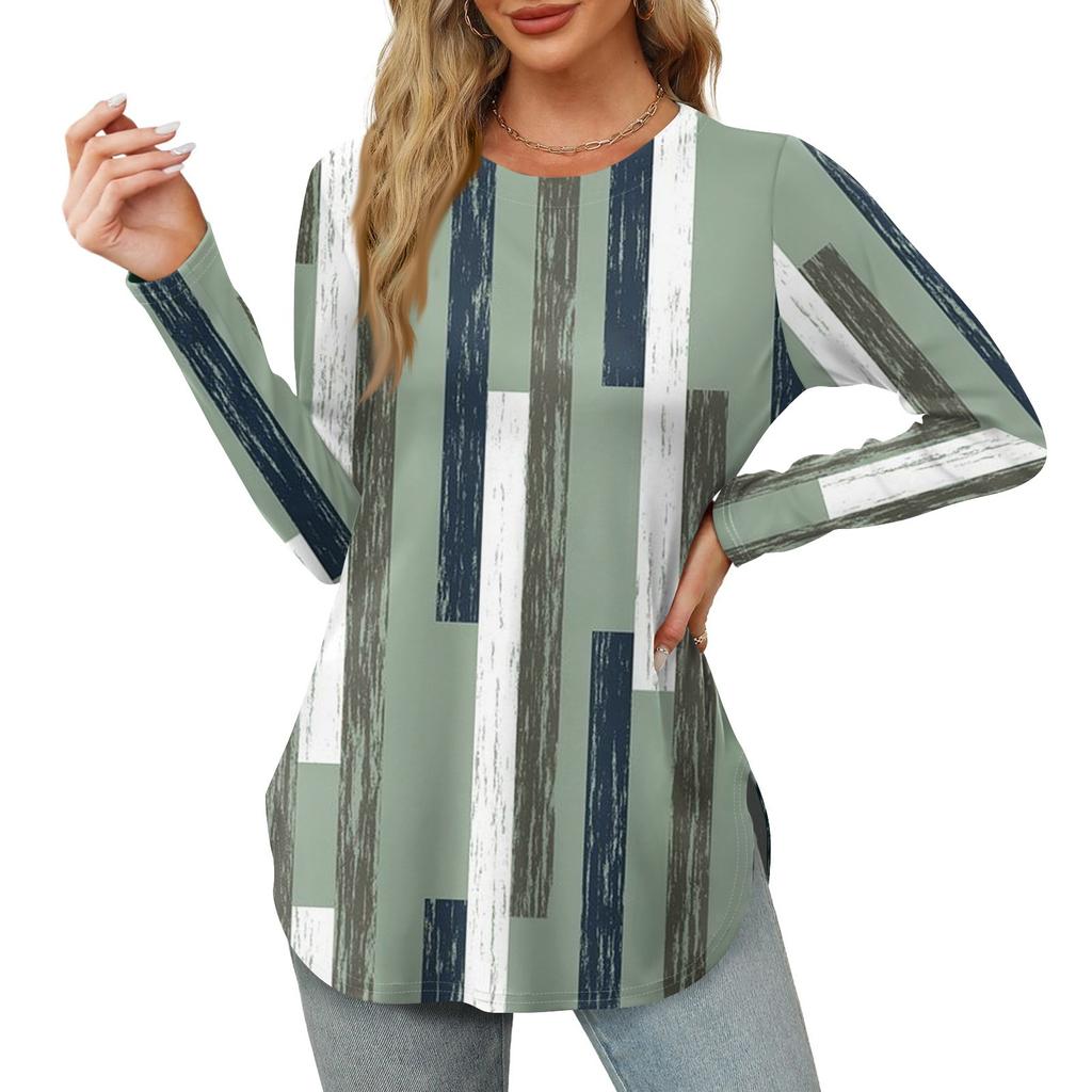 Женские рубашки с длинным рукавом и круглым вырезом, базовые свободные туники с боковым разрезом, повседневные рубашки с цветочным принтом