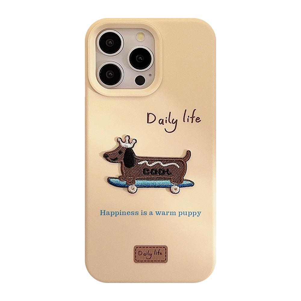 Korean Style Ins Embroidery 17pro Max Apple 16 Mobile Phone Case Iphone14 Three Dimensional Dachshund Dog Suitable for 13 Silicone