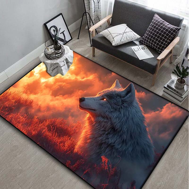 Green Bokeh Wolf Family Portrait Grey Wolf Three Cute Wild Cubs Wildflower Non Slip Rug Washable Wildlife Animal Lover Living Bedroom Decor Carpet