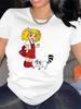 Маленькая девочка в красном платье и с желтыми волосами и енот Яркая мультяшная графическая футболка для женщин Мягкий круглый вырез Повседневная и спортивная