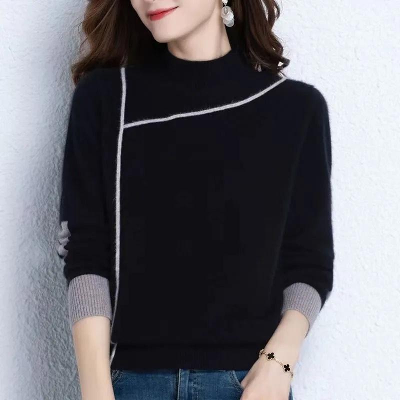 Spring Autumn Women Half High Neck Knitted Sweater Pullovers Loose Jumper Casual Long Sleeve Warm Top