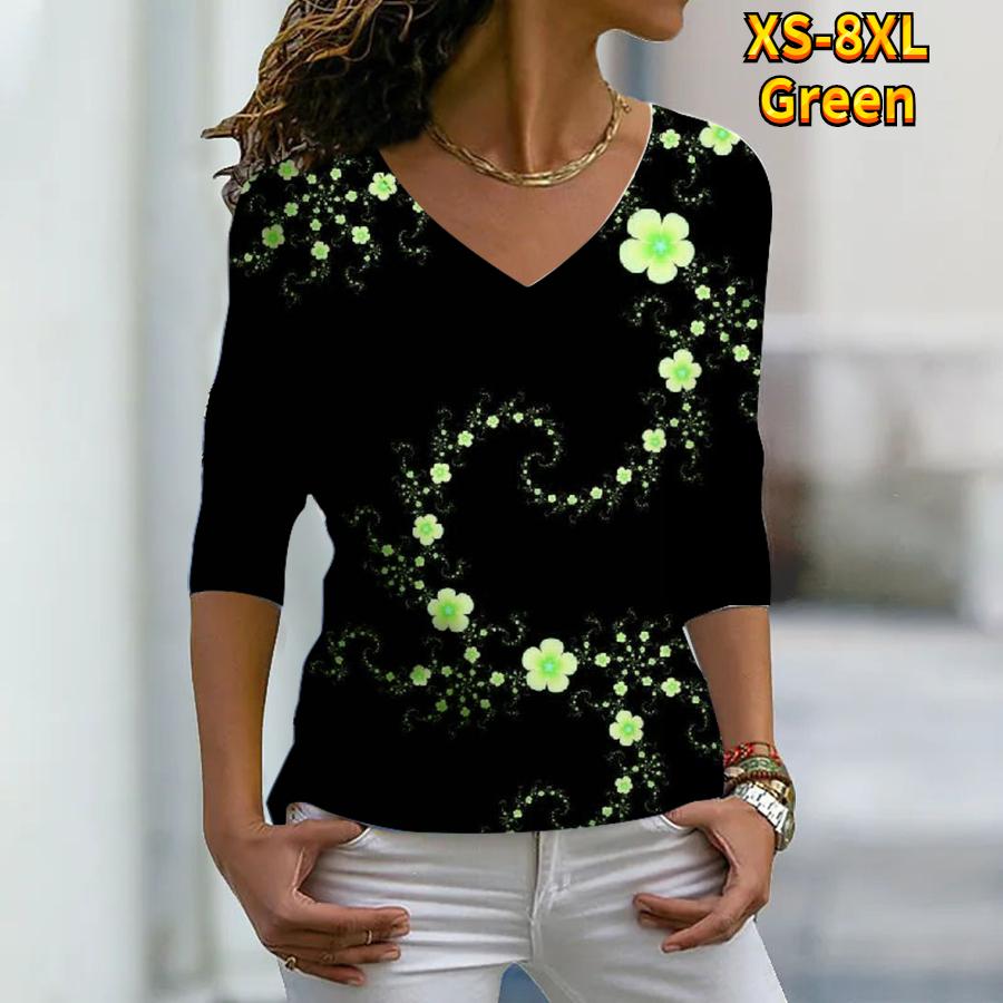 Women Autumn Floral Purple Flower String Printed Long Sleeve T-Shirts Loose V-Neck Plus Size Tee Shirt Tops Comfy Blouse