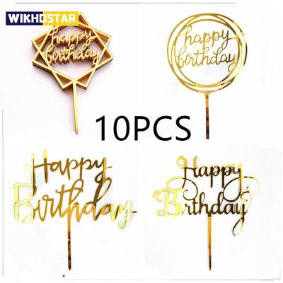 10 шт. Розовое золото С днем рождения Топпер для торта Серебряный черный Простой дизайн Акриловые топперы для торта Вечеринка для новорожденного Украшение для десерта