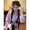 Women's Purple Patchwork Striped Polo Collar Long Sleeve Shirt - Versatile, Loose, Casual for Spring, Summer, and Autumn