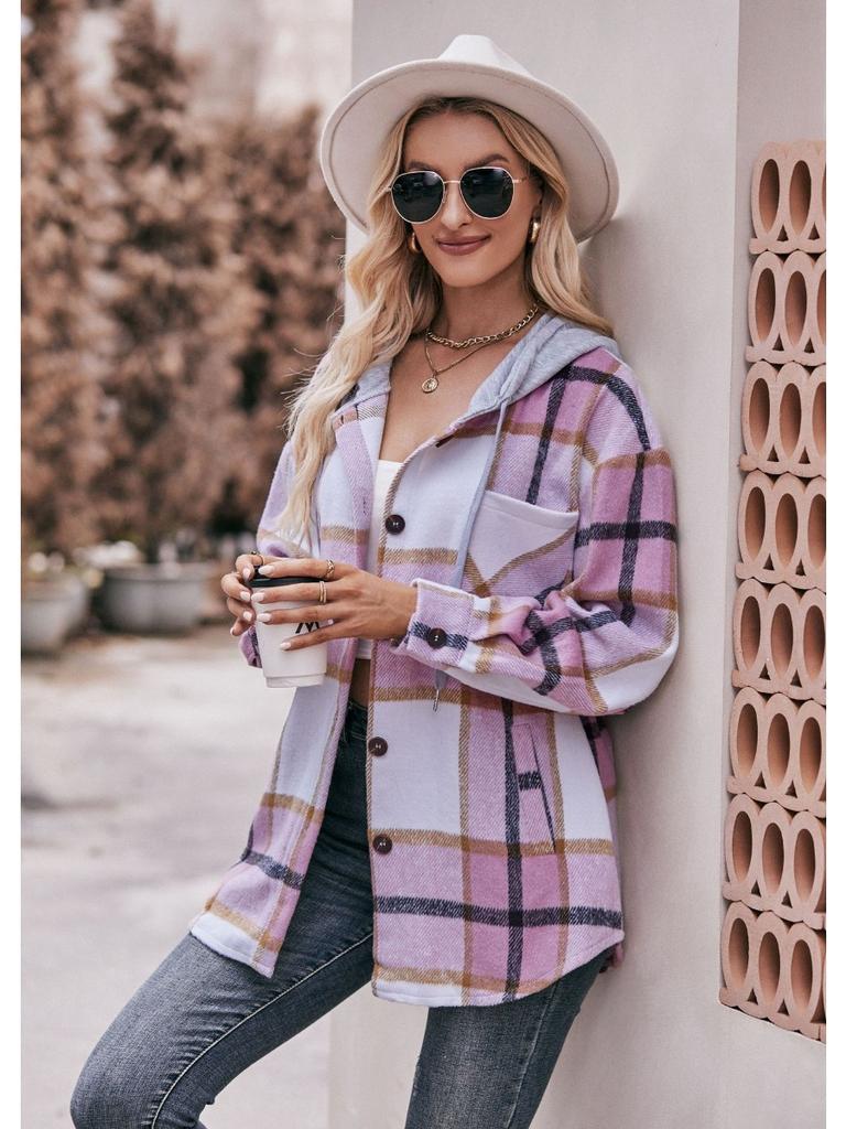 2024 New Autumn and Winter Fashion Simple Casual Hooded Plaid Shirt Loose and Comfortable Commuting Medium Length Women's Coat