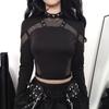 Gothic Black Crop Top Chic See Through Mesh Patchwork To'liq yengi Yupqa asosiy futbolka Ayollar Punk uslubidagi tikilgan futbolkalar