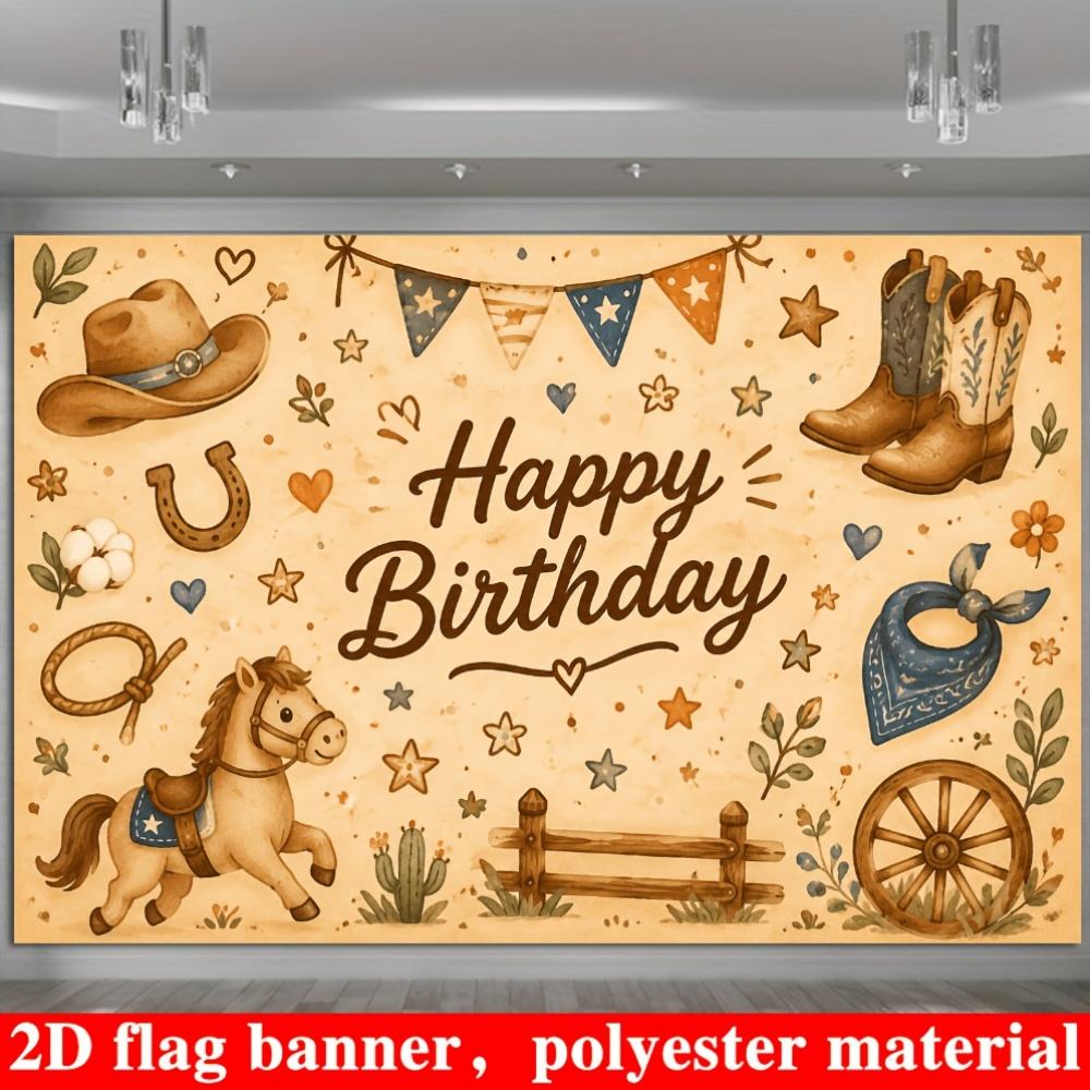Western Cowboy Birthday Banner Backdrop, Cowboy Hat Boot Pony Cactus Wagon Wheel, Polyester, No Power, Party Decor