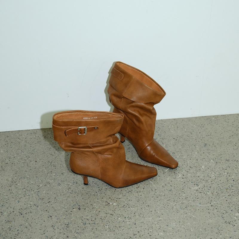New Retro Handmade Pointed Short Boots Women's Cowhide Brown Stiletto Boots