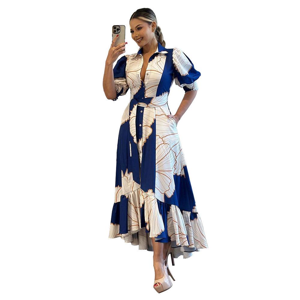 Платье-кардиган в стиле рубашки с завышенной талией и принтом в европейском и американском стиле с неровным подолом