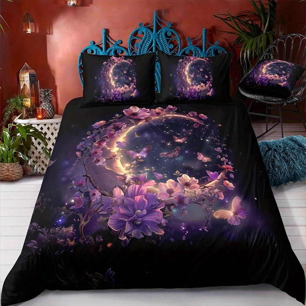 Aesthetic Purple Floral And Moon Print Duvet Cover With Pillowcases, No Filling, Soft Microfiber Bedding For Bedroom Decor