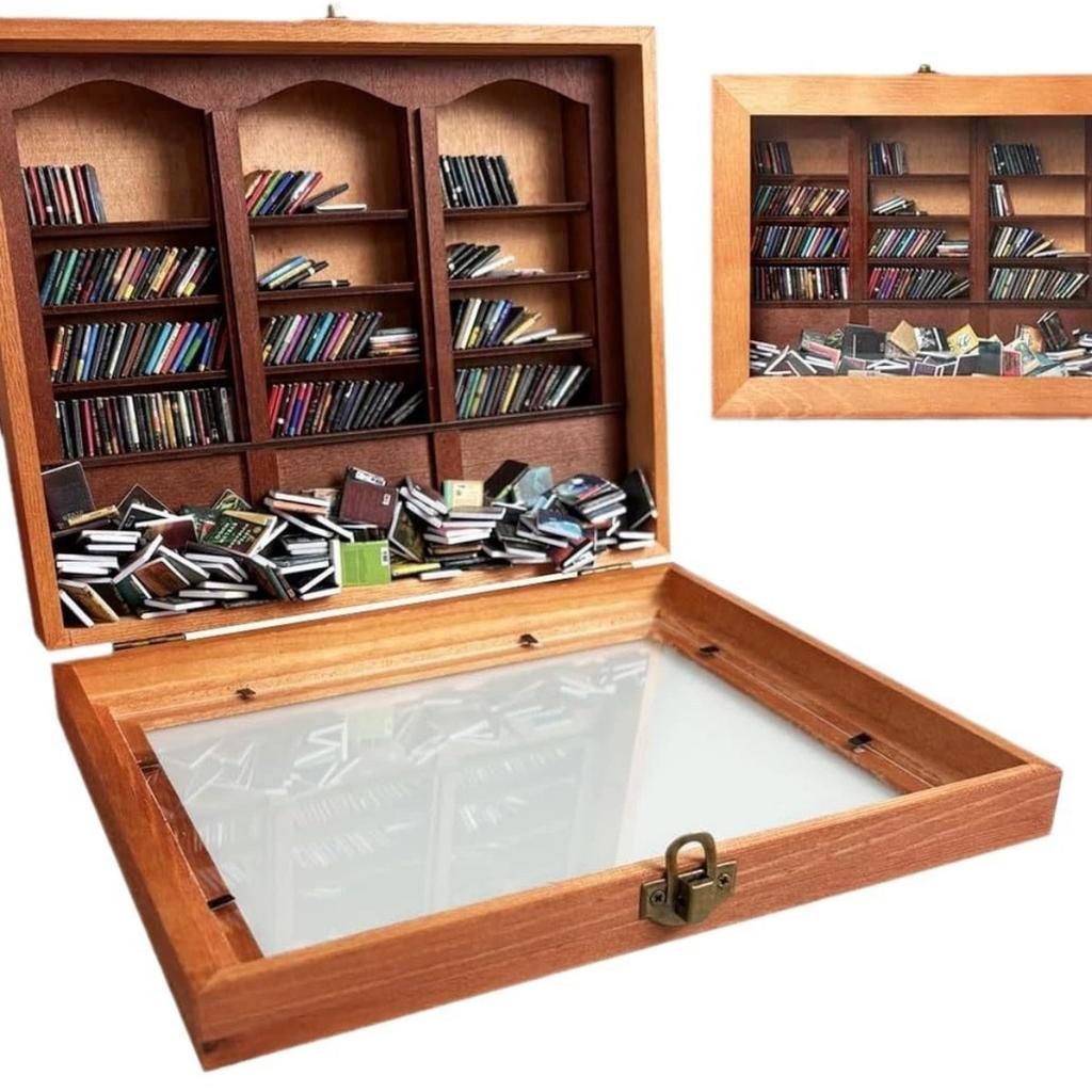 Anxiety Bookshelf Tiny Miniature Library Display Cabinet with Mini Book Stress Relief and Creativity Decor Mini Book Matchbox Shelf for Anxiety Relief
