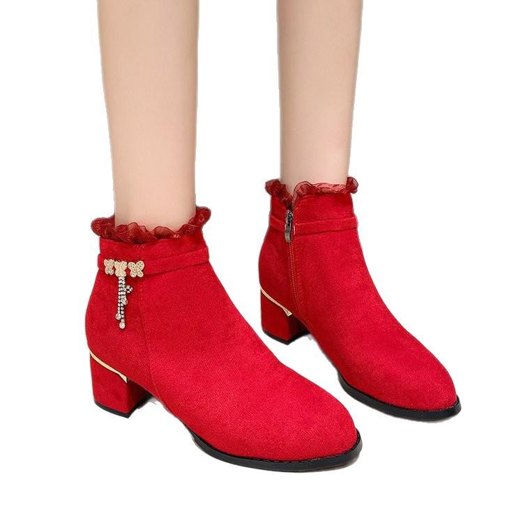 Женские короткие ботинки из мягкой кожи, матовые, на толстом каблуке, ботинки Мартина, женские, новые, осенне-зимние, бархатные, теплые, нескользящие, износостойкие, на высоком каблуке, хлопковые