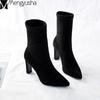 Kid Suede High Heels Chelsea Boots Woman Elegant Solid Brief Mid-calf Botas Mujer Pointed Toe Stretch Socks Botines Winter Plush