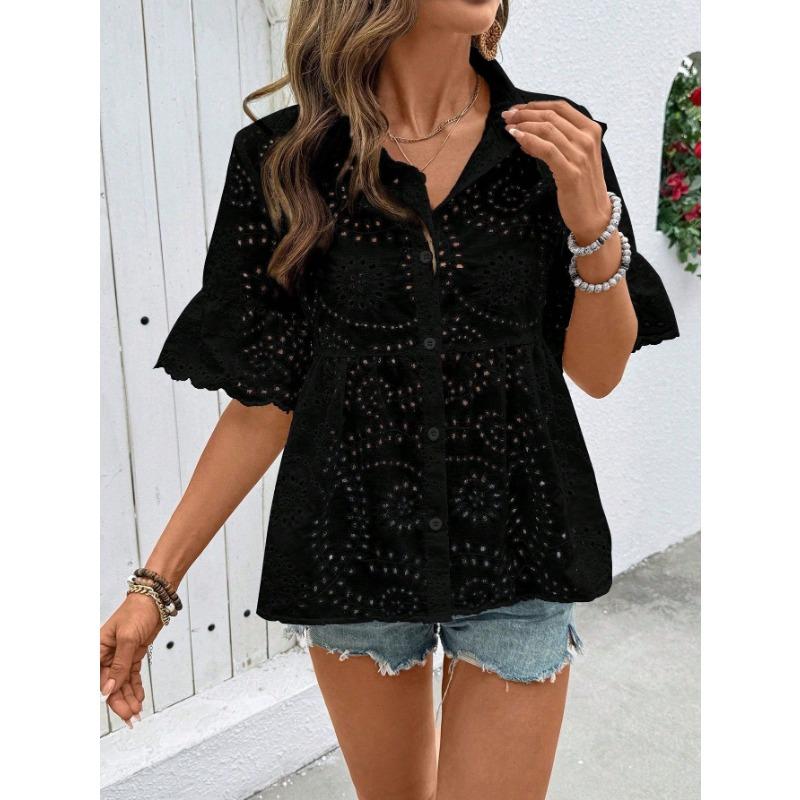 Женская блузка с вышивкой ришелье и воланами, с отложным воротником, короткий рукав, повседневная