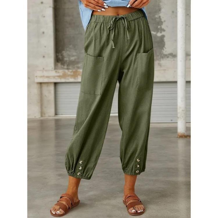 Осень Женские Хлопково-Льняные Эластичная Талия Высокая Посадка Широкие Штанины Свободные Прямые Брюки Однотонные Женские Брюки