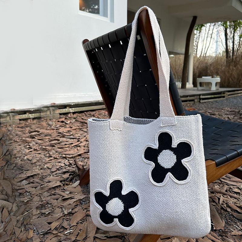 Knitting Woolen Flower Decor Tote Bag Women Crochet Fashion Open Shopper Top-handle Bag Female Daily Large Capacity Handbag