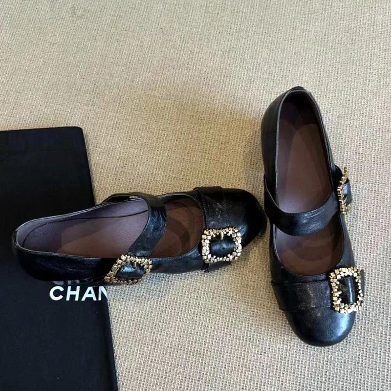 Fashion Chunky High Heel Mary Jane Shoes Women Luxury Metal Belt Buckle Design Black Loafers for Women Round Toe Leather PU Lolita Shoes