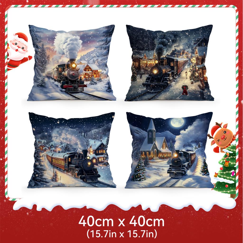 Christmas Village Train Pillowcase Printed Polyester 40/45/50Cm Throw Pillowcover Decorative Sofa Cushion Pillowslip Home Decor