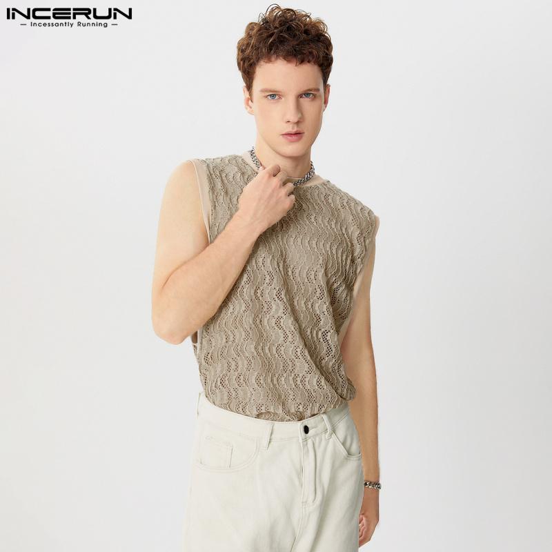 INCERUN Мужские сетчатые майки без рукавов с кружевным лоскутным узором, летний жилет