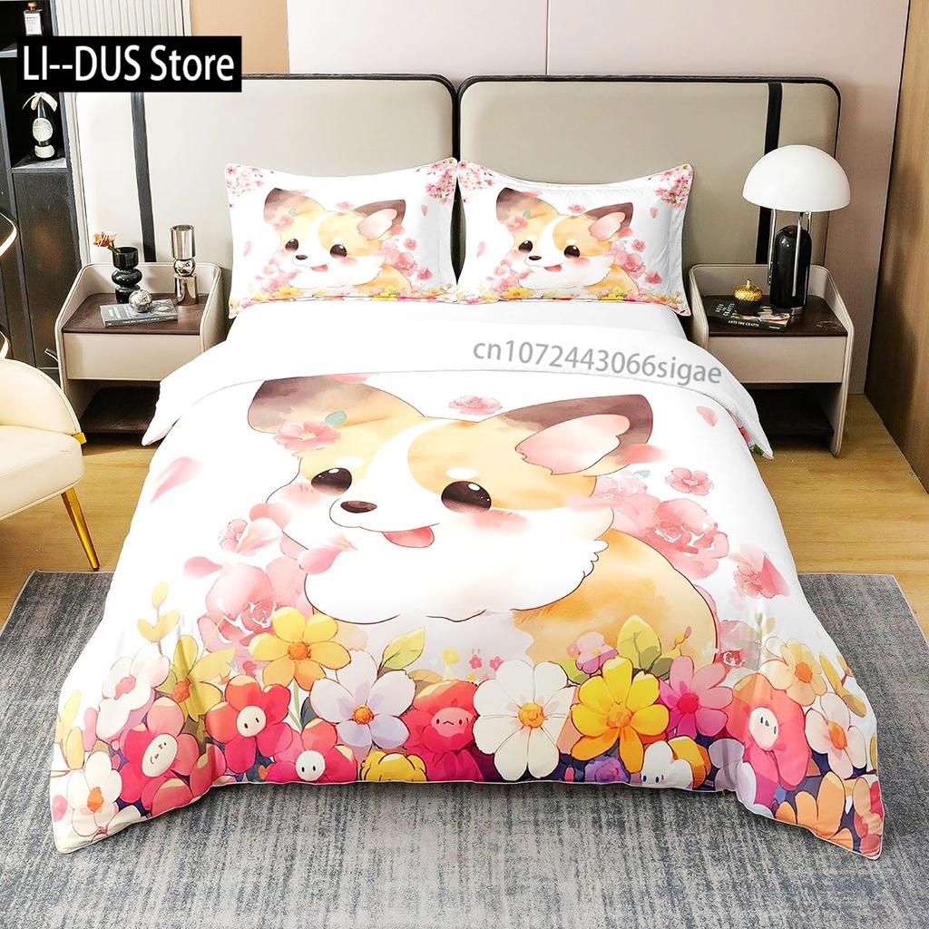 Labrador Duvet Cover Set Hand Drawn Sketch Welsh Corgi Decorative 3 Piece Bedding Set With 2 Pillow Shams Queen King Full Size