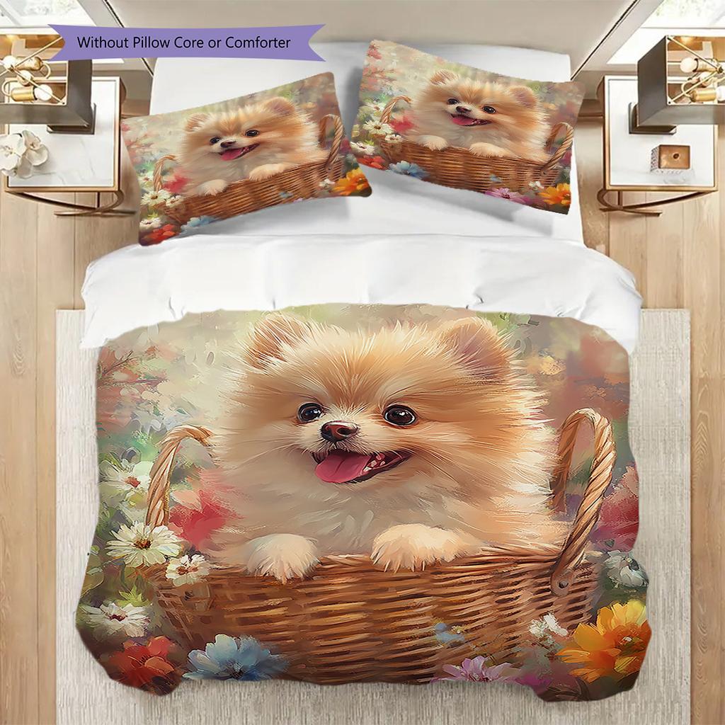 Pomeranian Pattern Bedding Quilt Set Quilt Cover Pillowcase Home Decoration Birthday Gift (1 * duvet cover + 2 * pillowcase, without core)