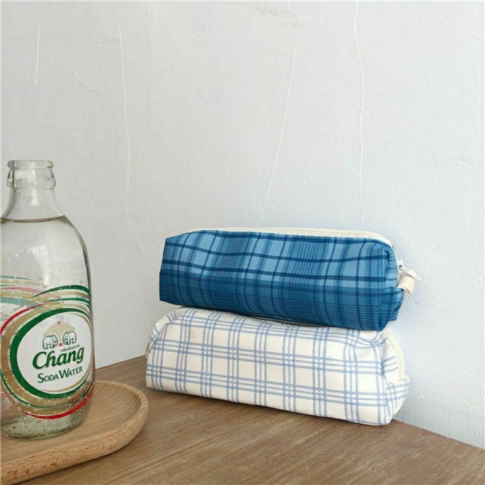 Blue and White Checkered Pencil Case Large Capacity Ins Pencil Case Canvas Retro Checkered Pencil Case Pencil Box Stationery Bag