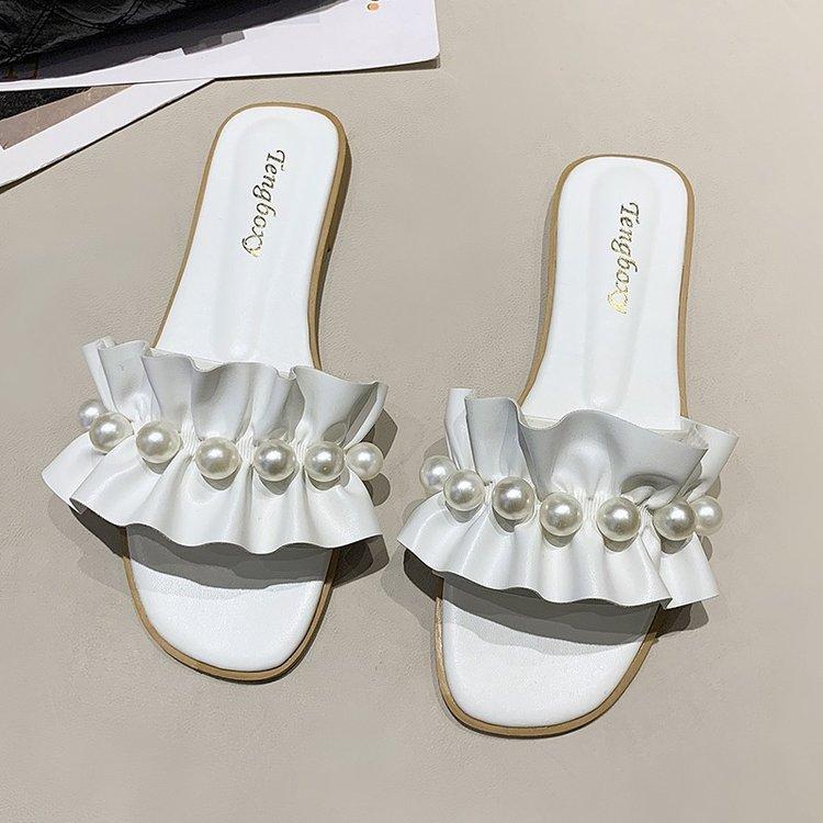 Тапочки с кружевом и жемчугом, женская одежда, плоская пляжная повседневная обувь, модные сандалии, лето 2024, новинка