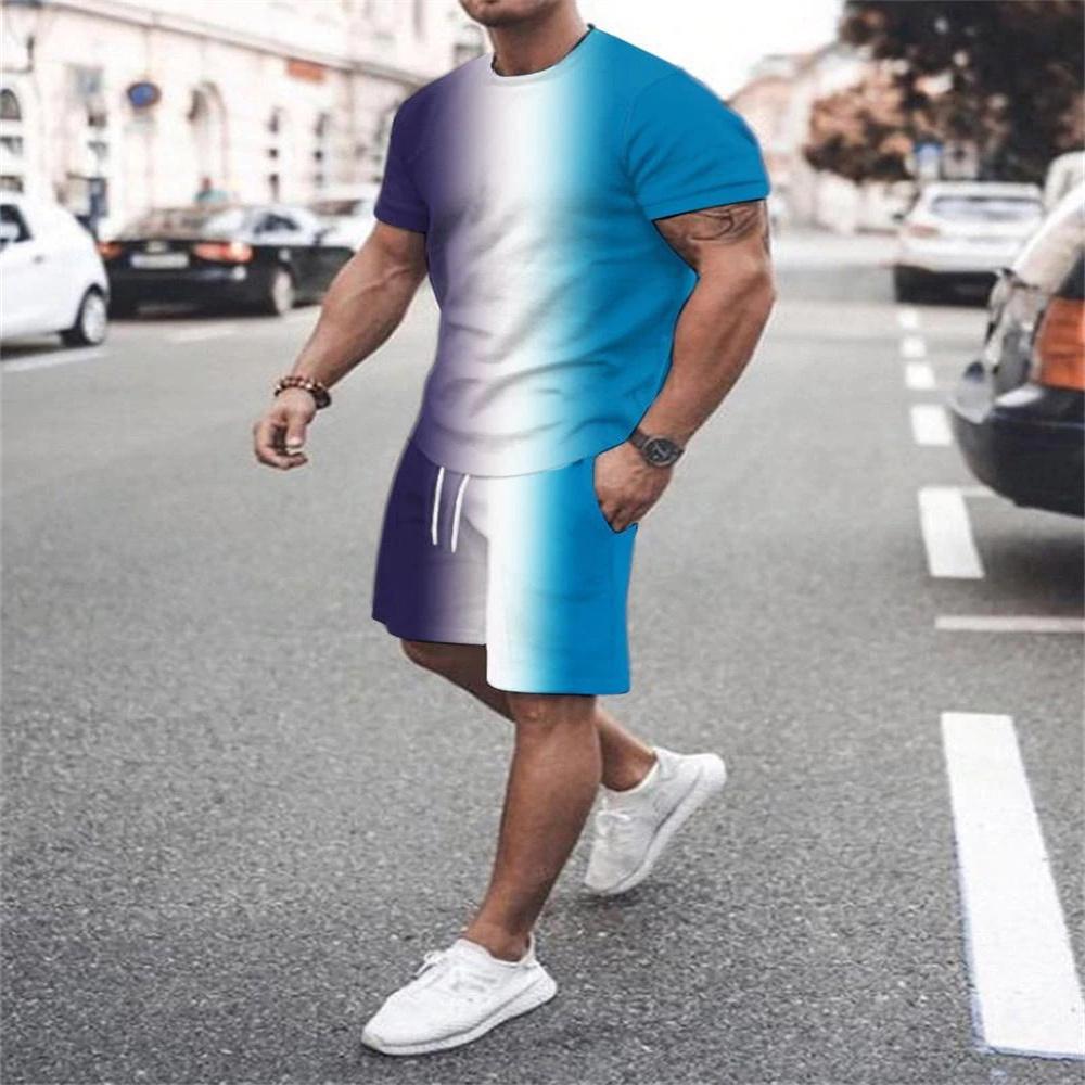 Летний тренд, модные мужские шорты с короткими рукавами и градиентом, комплект ретро-спортивной футболки с 3D принтом, мужская уличная одежда из двух предметов, спортивная одежда