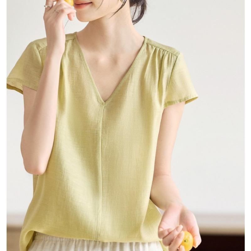 Womens V Neck Short Sleeve Solid Color Blouse