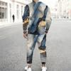 Men Plus Size Round Neck Long Sleeve Printed Blue Gold Two Piece Pants Set