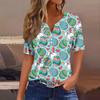 Women's Casual Print V-Neck Short Sleeve Decorative Button T-Shirt Top