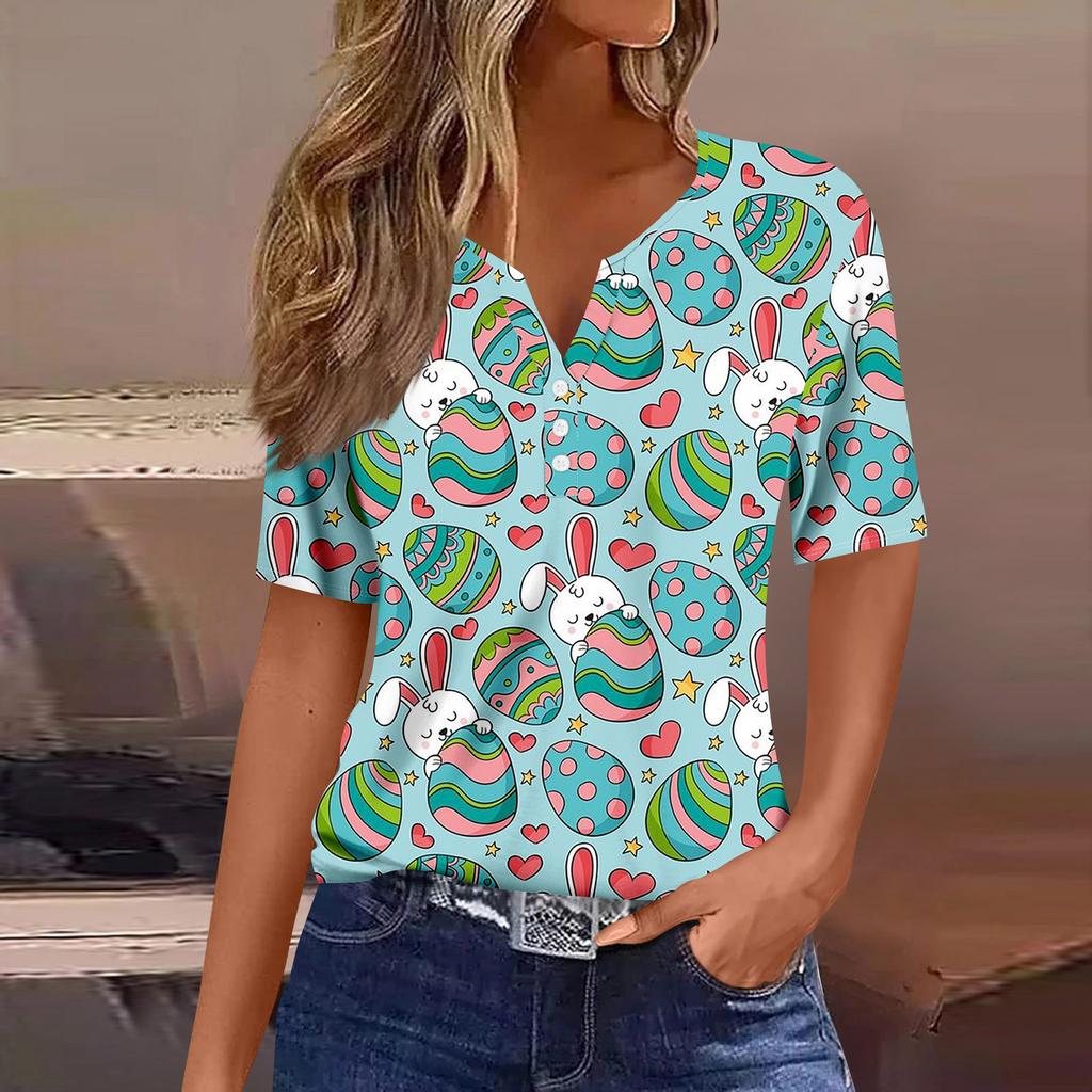 Women's Casual Print V-Neck Short Sleeve Decorative Button T-Shirt Top